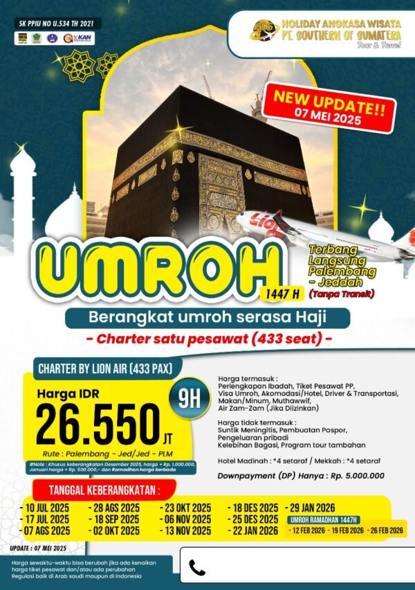 Paket Umroh 9 Hari – Charter Langsung Palembang – Jeddah (Tanpa Transit) Diselenggarakan oleh PT. Southern of Sumatera (Holiday Angkasa Wisata) - Gambar 2